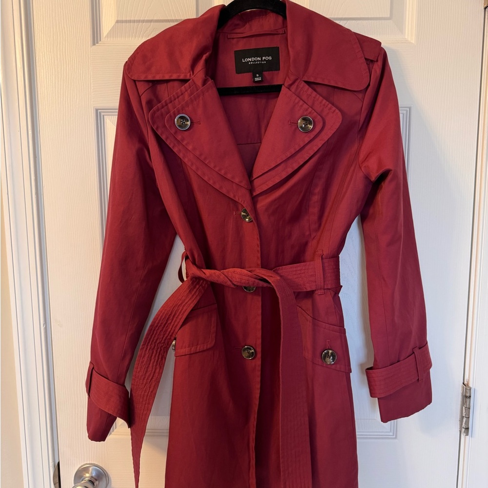 London Fog Crimson Burgundy Trench Coat with Belt